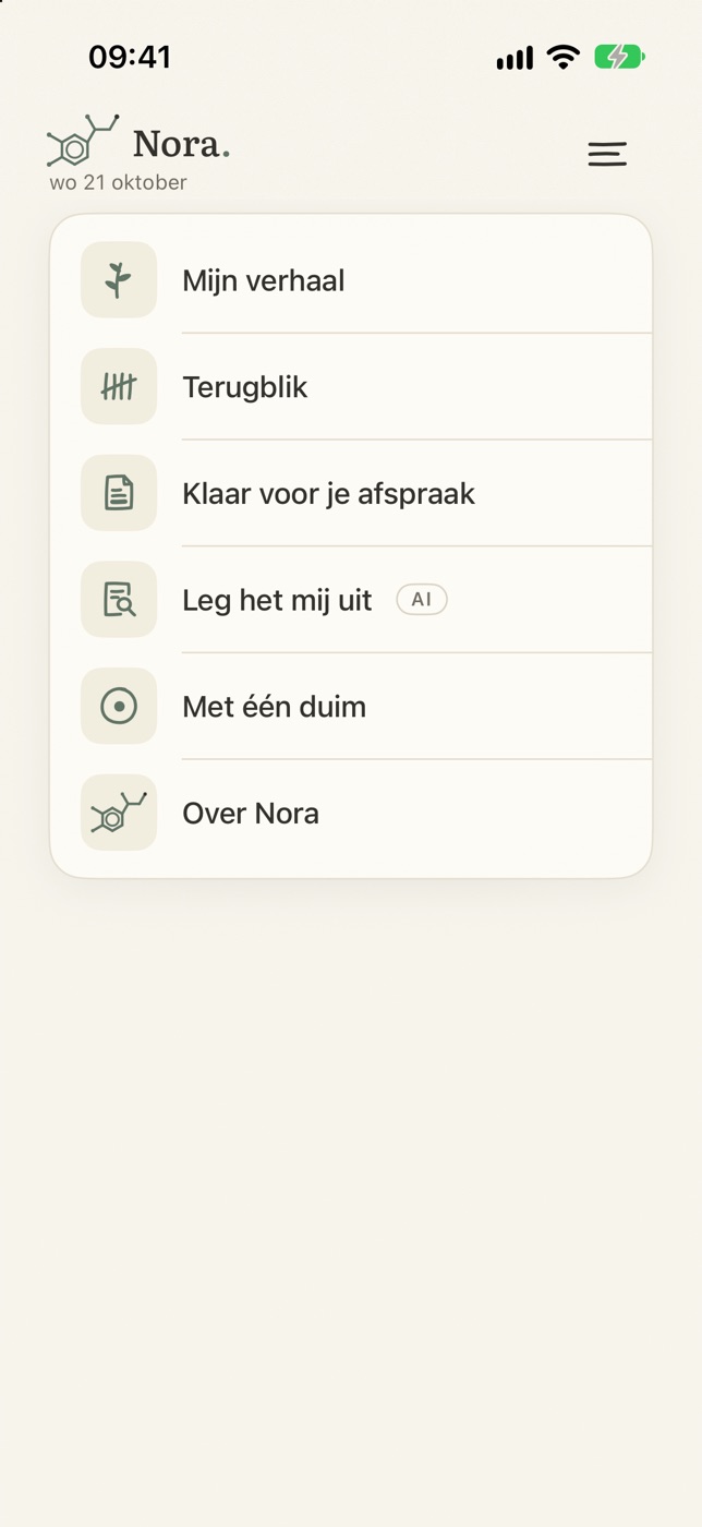 Het menu van Nora: Mijn verhaal, Terugblik, Klaar voor je afspraak, Leg het mij uit, Met één duim en Over Nora.